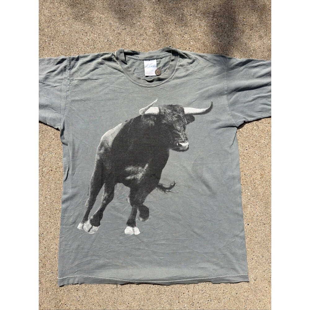 Vintage 80s Screen Stars Charging Bull Rodeo Gray Green Medium Shirt